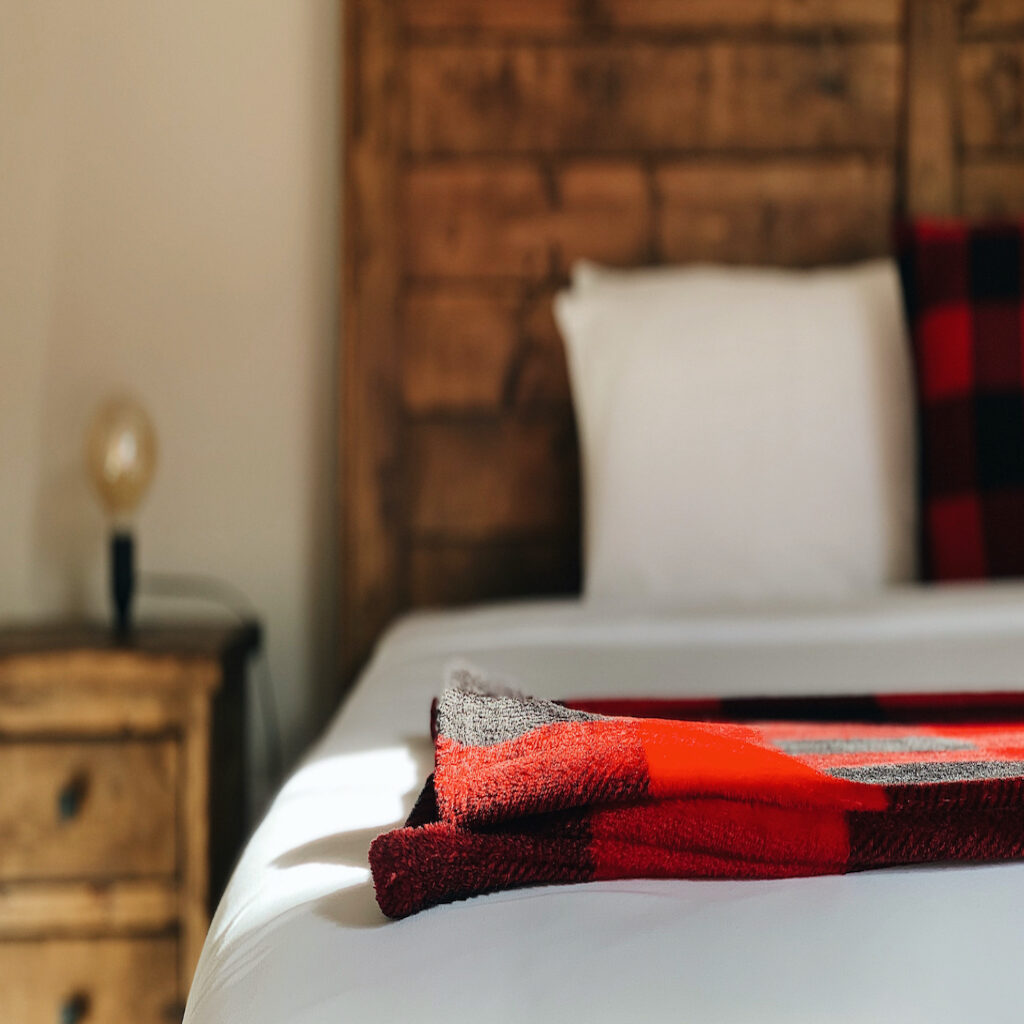 Bed and a blanket and nightstand