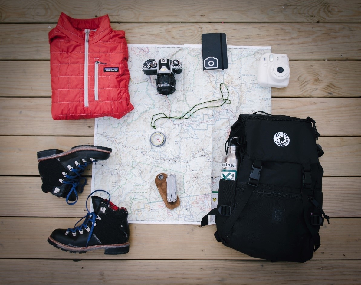 Map with backpack and hiking boots