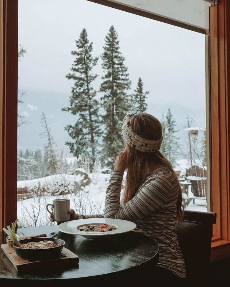 at a restaurant with mountain views